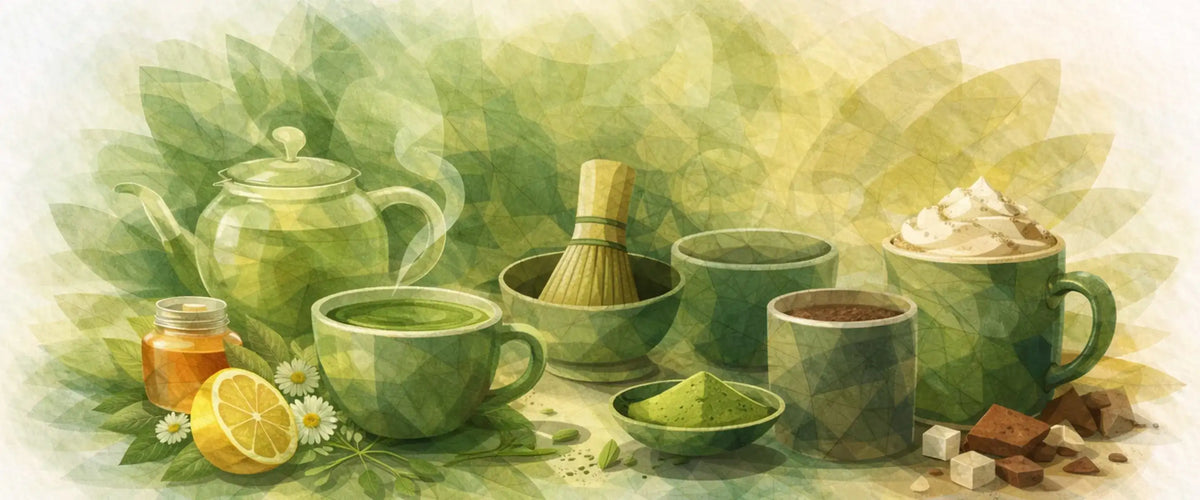 Tea cups, a teapot and botanical ingredients in Tea Direct’s green illustrated style